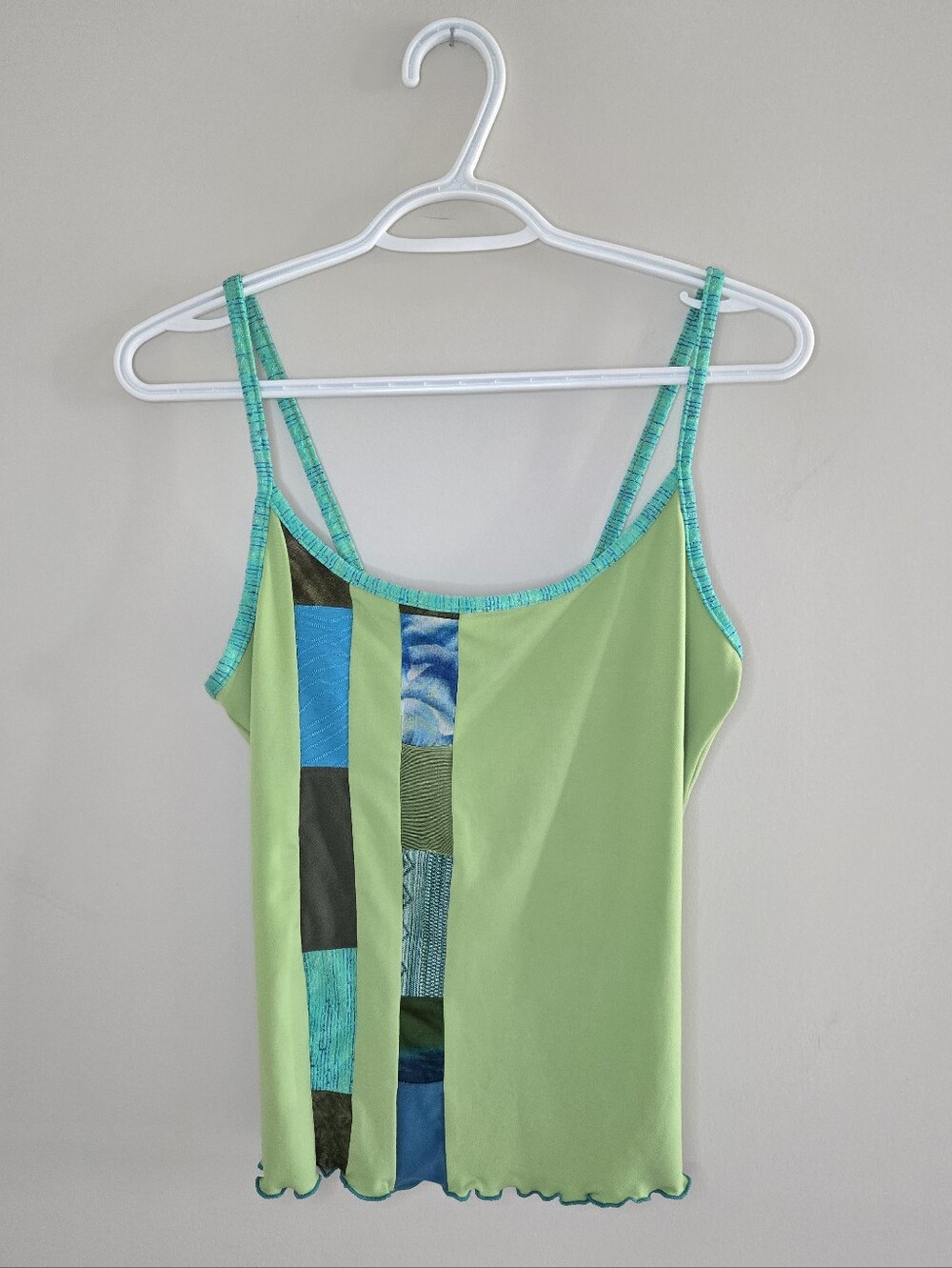 Les Mains Folles green vintage patchwork 90s Y2K whimsy spaghetti strap cami top